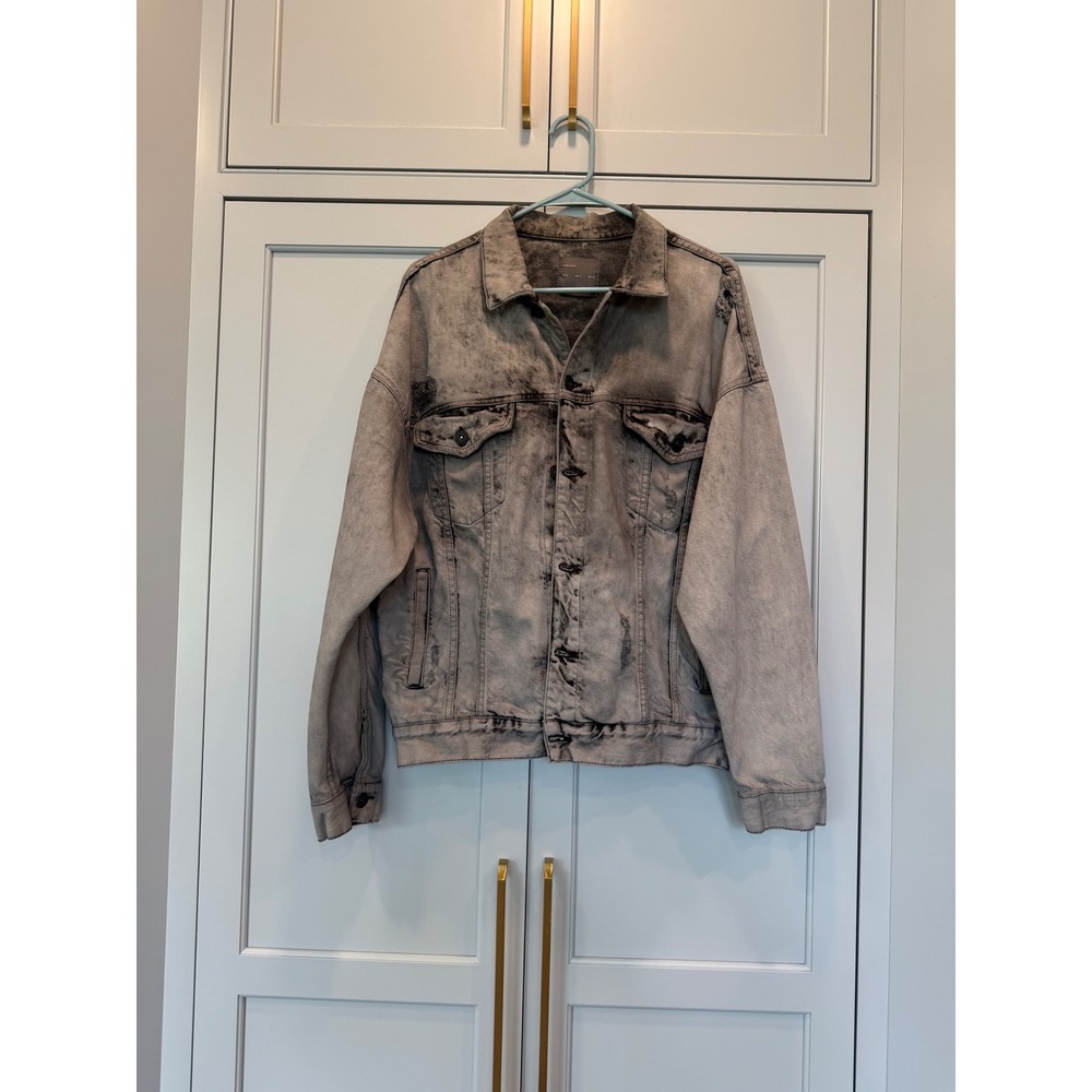 Zara Man Grey Acid Wash Distressed Denim Trucker Jacket thrashed Streetwear WOAS